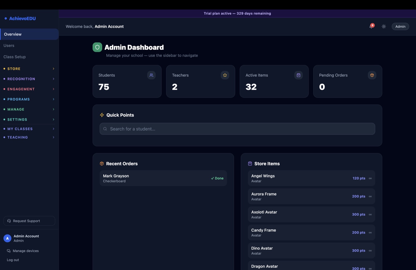 AchievoEDU admin dashboard showing school-wide totals for students, teachers, active store items and pending orders, with recent orders and reward-store items.