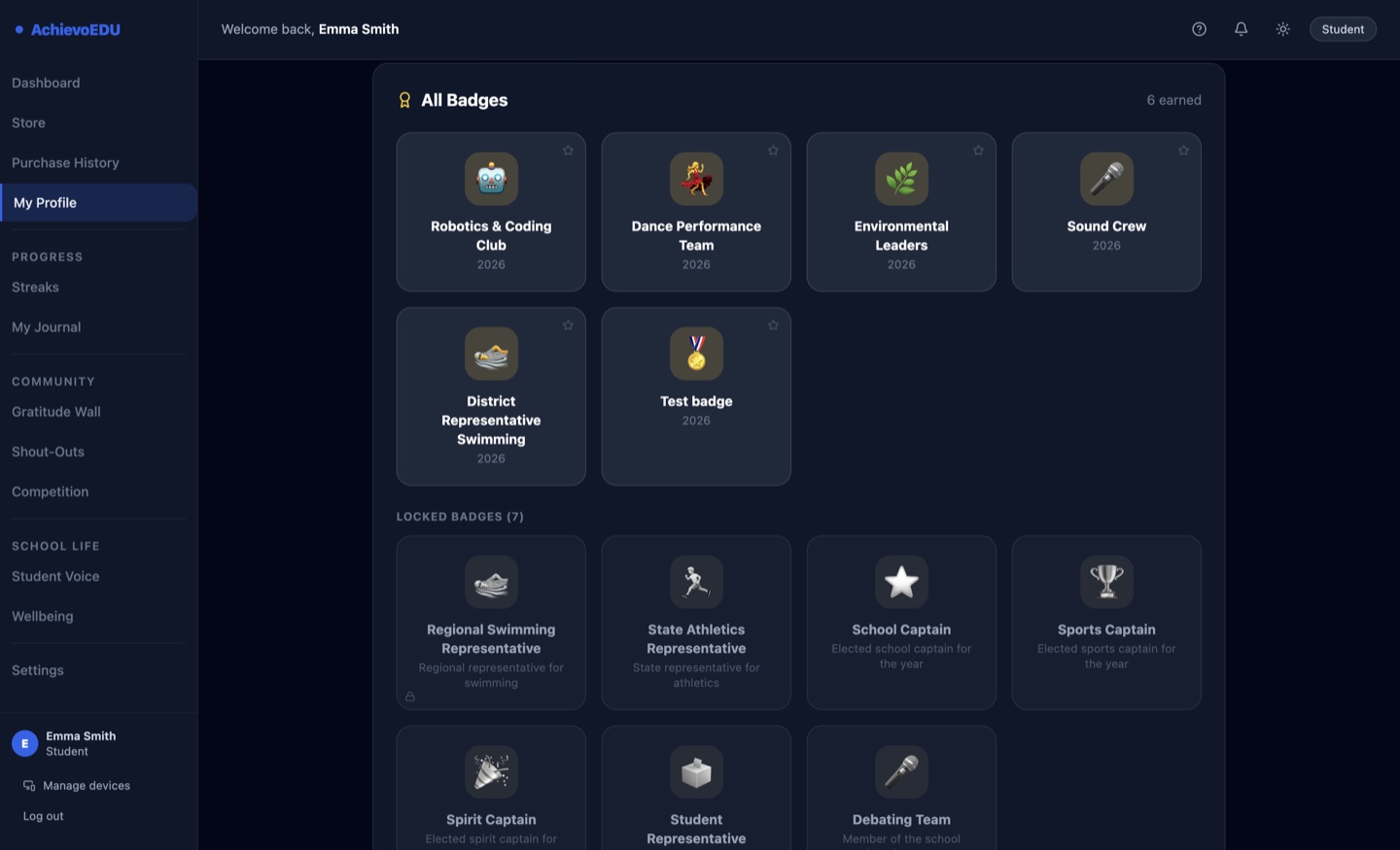AchievoEDU badges screen showing earned achievement badges and locked badges students can still unlock.