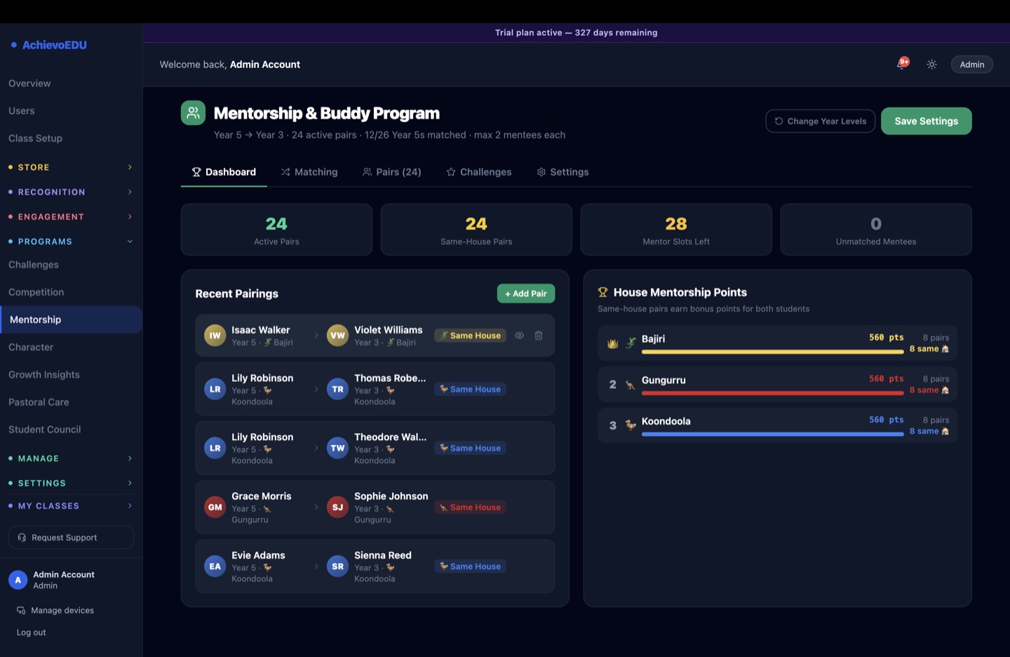 AchievoEDU mentorship and buddy program dashboard showing active cross-year pairs, matching stats, recent pairings and same-house mentorship points.