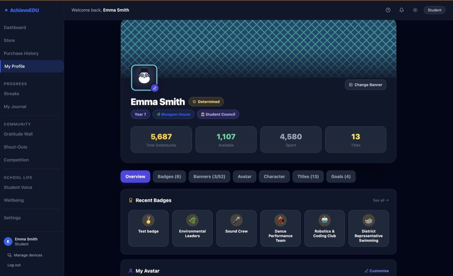 AchievoEDU student profile showing a customisable banner and avatar, points balance, earned badges and titles.