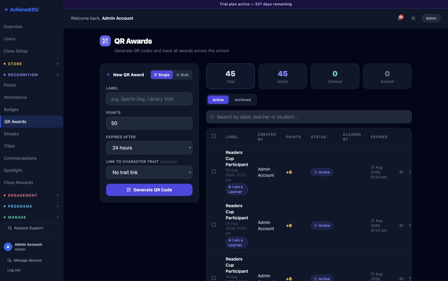 AchievoEDU QR Awards admin screen for generating single or bulk QR codes with a points value and expiry, plus a tracker of all codes with status, creator and claims.