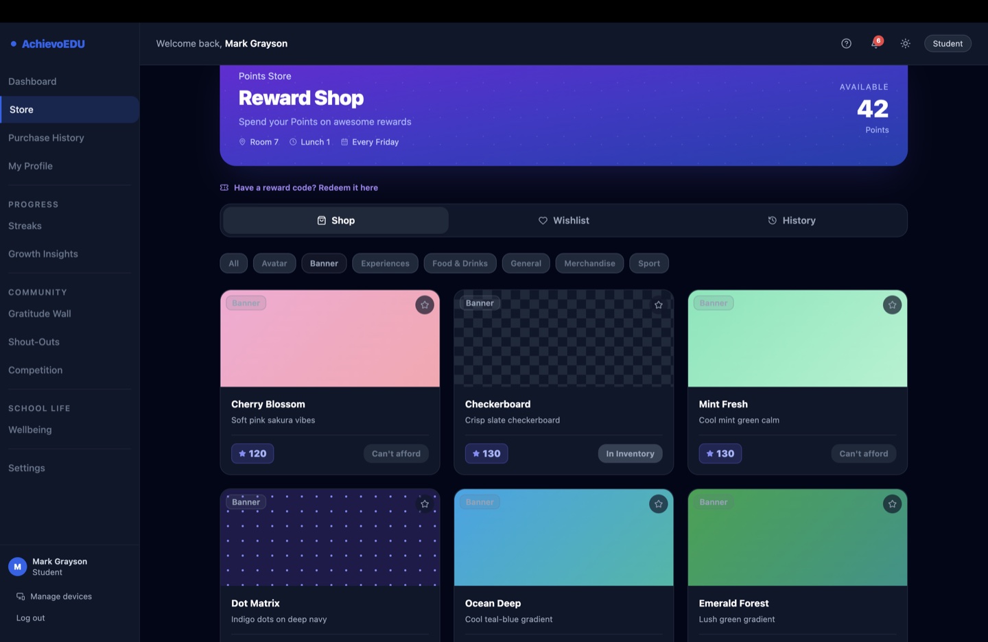 AchievoEDU student reward shop with category filters and reward cards showing point costs, including unlockable profile banners.