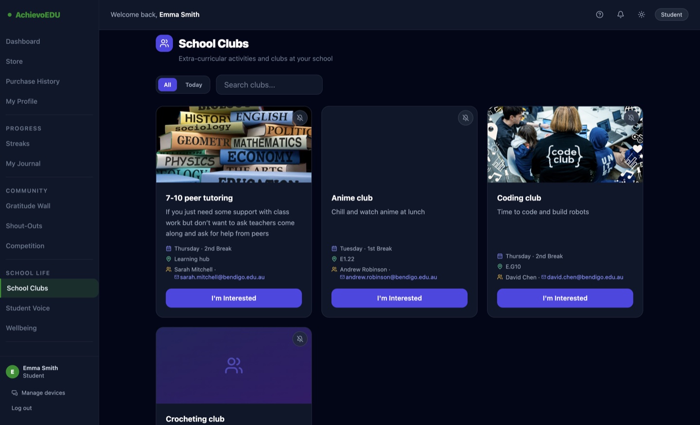 AchievoEDU school clubs directory showing extra-curricular club cards with meeting day, location and organiser, and an 'I'm interested' button for students to join.