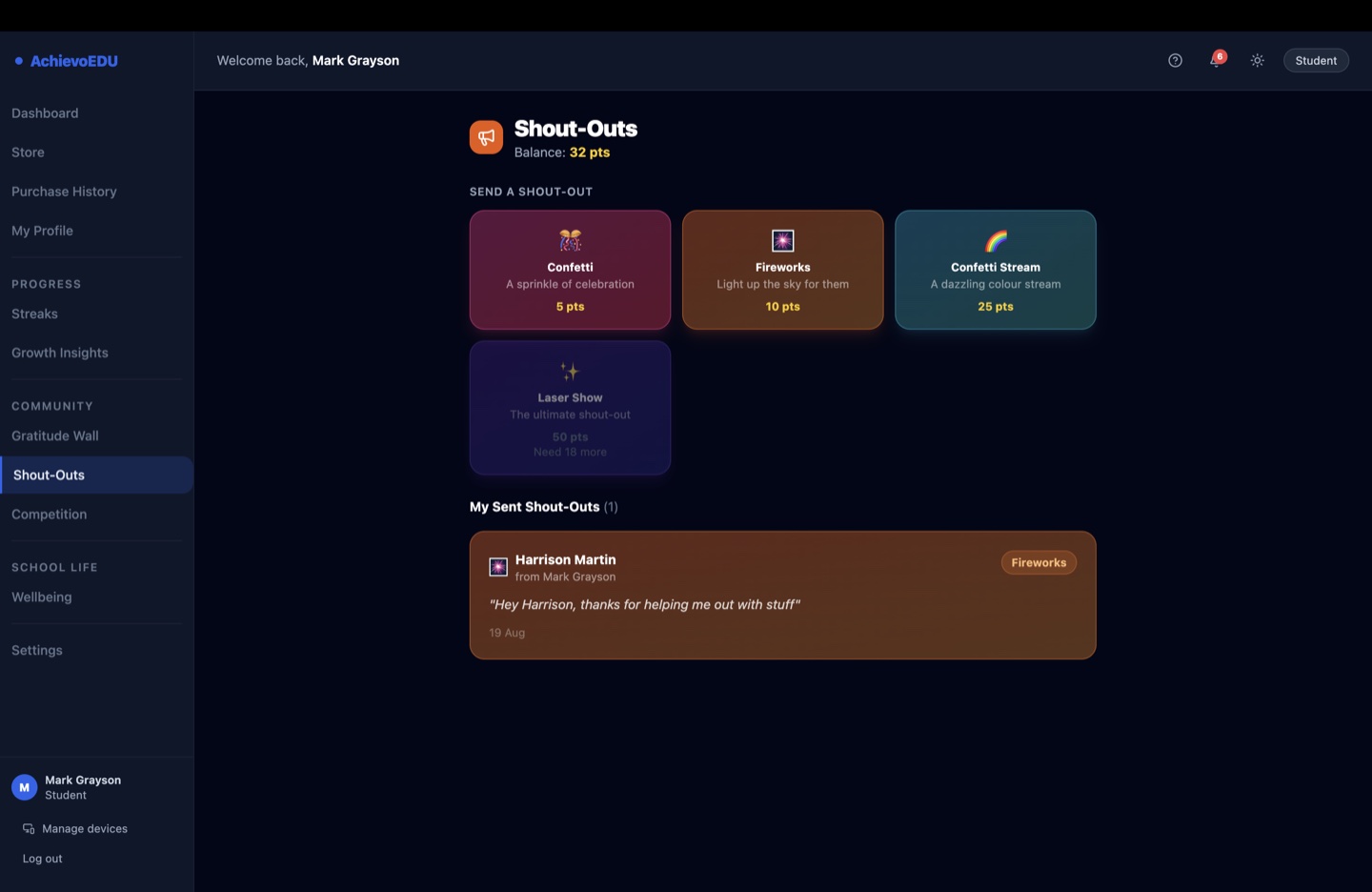 AchievoEDU student shout-outs screen where students spend points to send celebratory shout-outs like confetti and fireworks to classmates.
