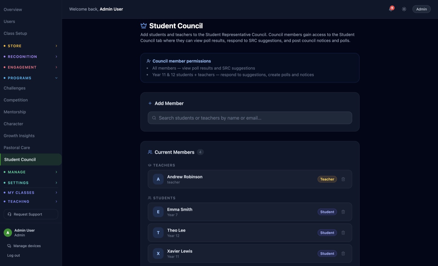 AchievoEDU student council setup showing council member permissions and current teacher and student representatives, with a search to add members.
