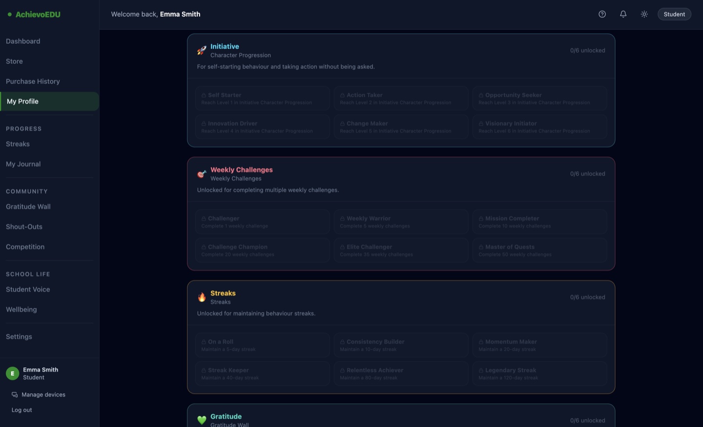 AchievoEDU titles collection showing unlockable student titles grouped by category (initiative, weekly challenges, streaks and gratitude), each with tiered unlock milestones.
