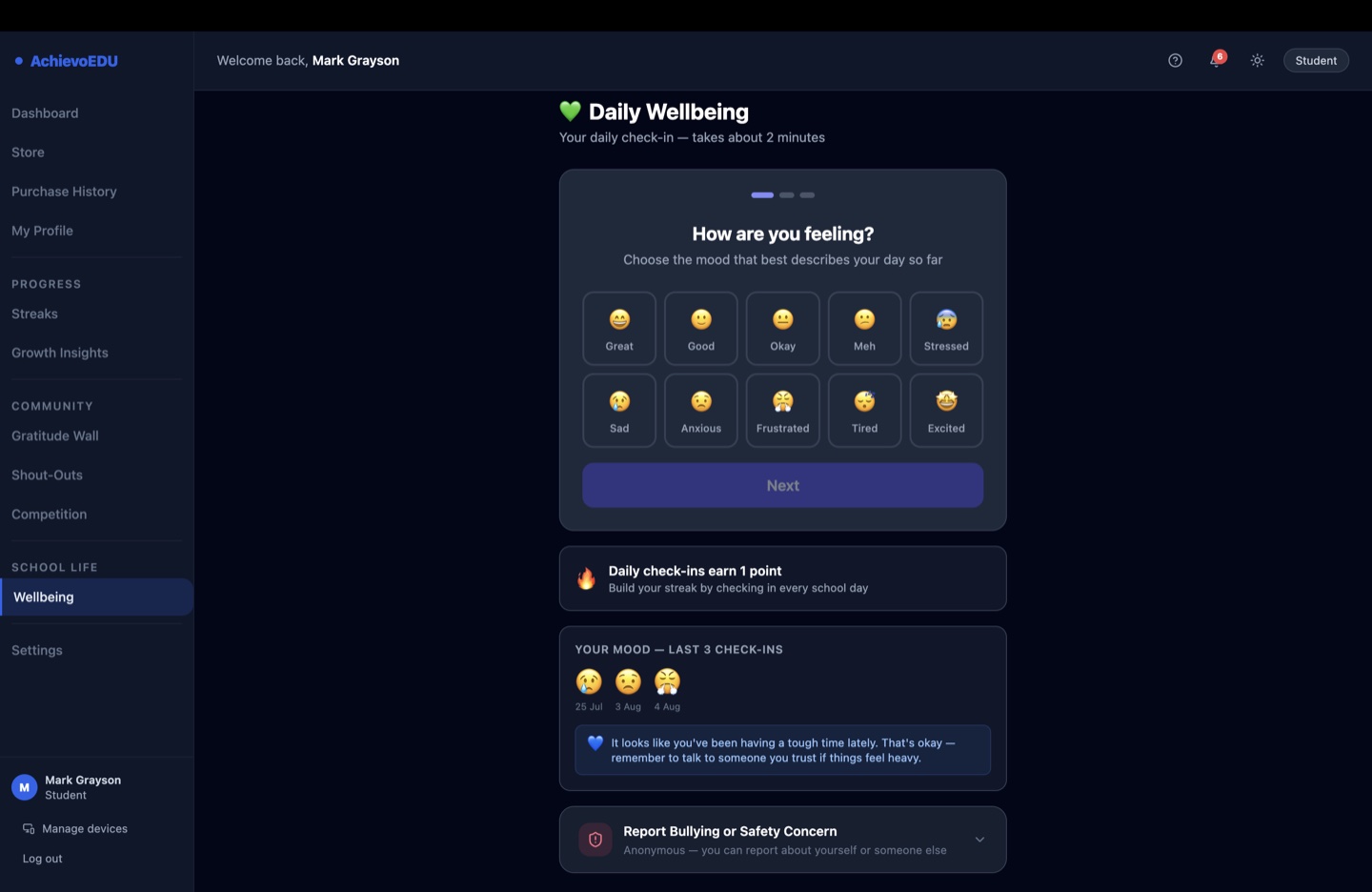 AchievoEDU student daily wellbeing check-in with an emoji mood picker, recent mood history, a supportive message, and an anonymous bullying or safety-concern report option.