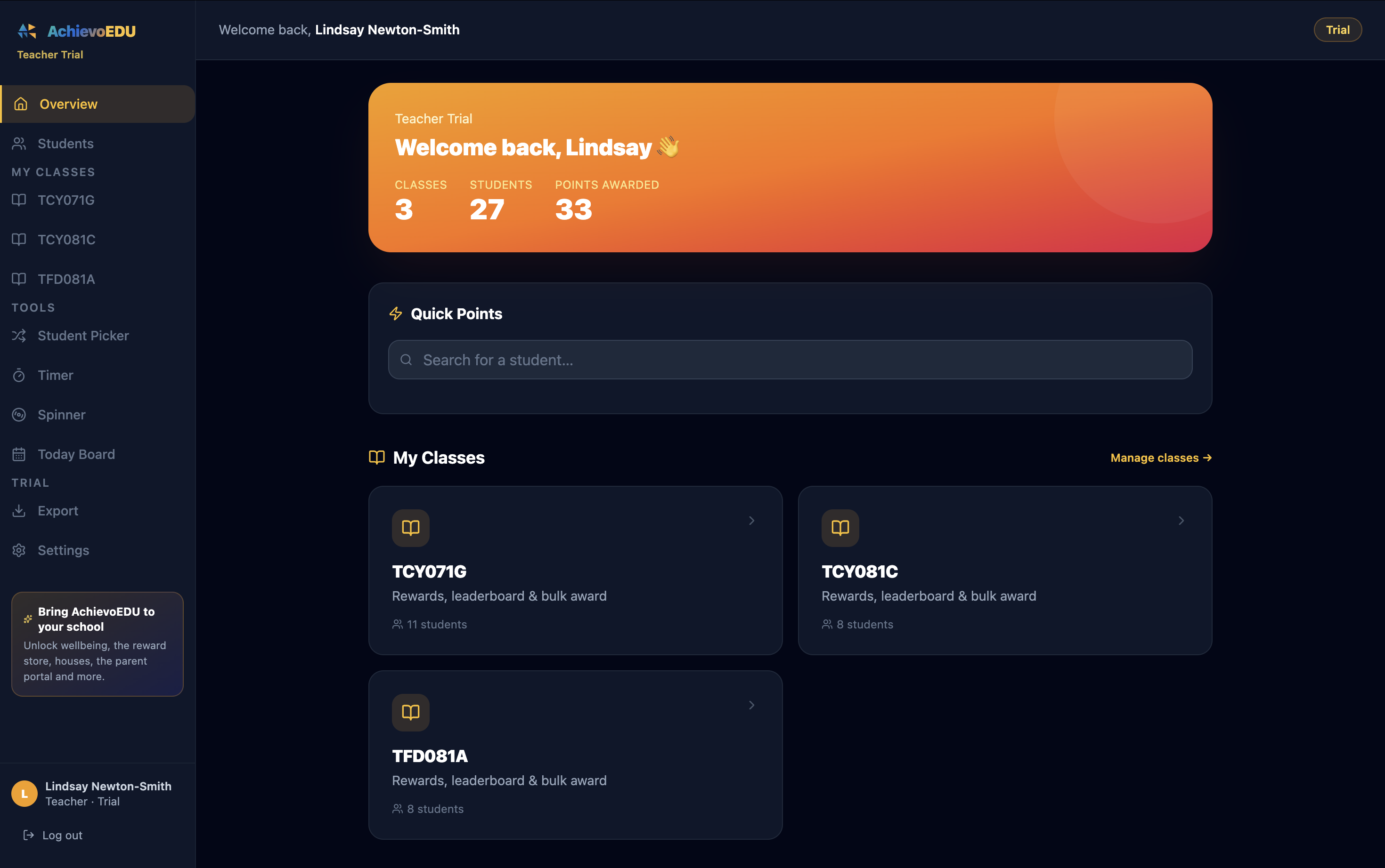 The teacher trial dashboard with Quick Points, your classes and class stats